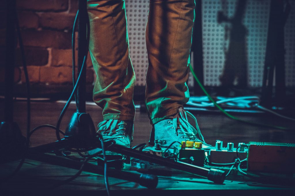 Pedalboard seen facing stage