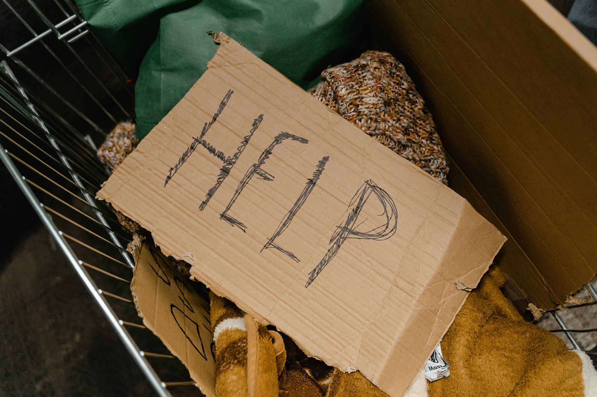 Cardboard sign reading "help" sitting on top of basket