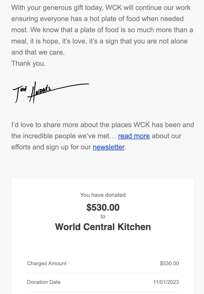 Donation letter receipts from World Central kitchen for $530 and $250, respectively.